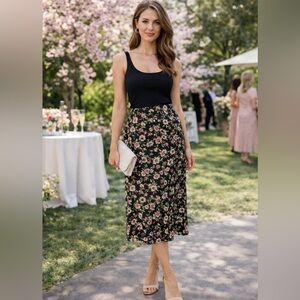 Reformation Black Floral Skirt Pink Hibiscus with Slit